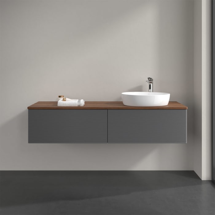 Villeroy & Boch Antao Waschbeckenunterschrank, 160 x 36 cm, 2 Auszüge mit LED-Licht, Front mit Struktur, mit Hahnloch, für Waschtisch rechts