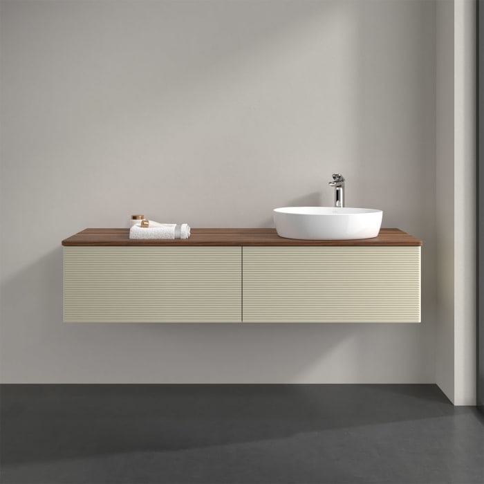 Villeroy & Boch Antao Waschbeckenunterschrank, 160 x 36 cm, 2 Auszüge mit LED-Licht, Front mit Struktur, mit Hahnloch, für Waschtisch rechts