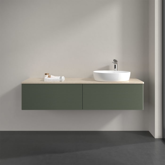 Villeroy & Boch Antao Waschbeckenunterschrank, 160 x 36 cm, 2 Auszüge mit LED-Licht, Front mit Struktur, mit Hahnloch, für Waschtisch rechts