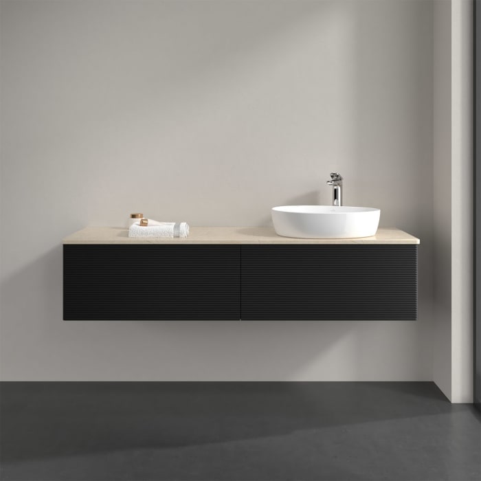 Villeroy & Boch Antao Waschbeckenunterschrank, 160 x 36 cm, 2 Auszüge mit LED-Licht, Front mit Struktur, mit Hahnloch, für Waschtisch rechts