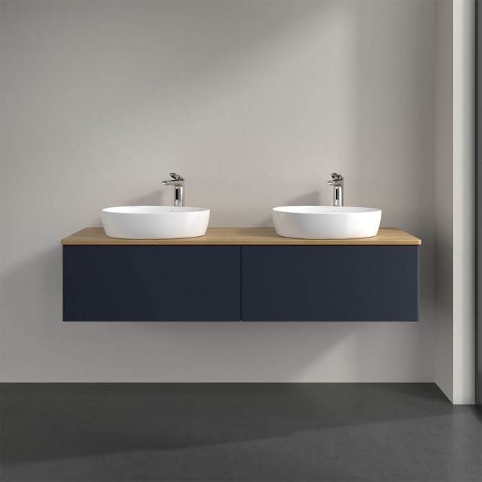 Villeroy & Boch Antao Waschbeckenunterschrank, 160 x 36 cm, 2 Auszüge mit LED-Licht, Front ohne Struktur, mit Hahnloch, für Waschtisch links und recht