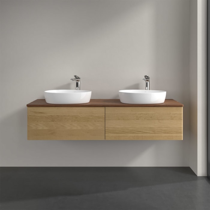 Villeroy & Boch Antao Waschbeckenunterschrank, 160 x 36 cm, 2 Auszüge mit LED-Licht, Front ohne Struktur, mit Hahnloch, für Waschtisch links und recht