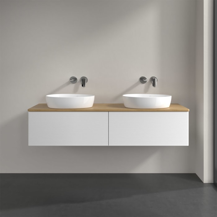 Villeroy & Boch Antao Waschbeckenunterschrank, 160 x 36 cm, 2 Auszüge mit LED-Licht, Front mit Struktur, ohne Hahnloch, für Waschtisch links und recht