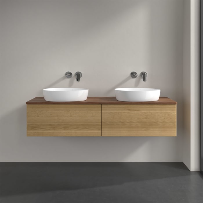 Villeroy & Boch Antao Waschbeckenunterschrank, 160 x 36 cm, 2 Auszüge mit LED-Licht, Front mit Struktur, ohne Hahnloch, für Waschtisch links und recht