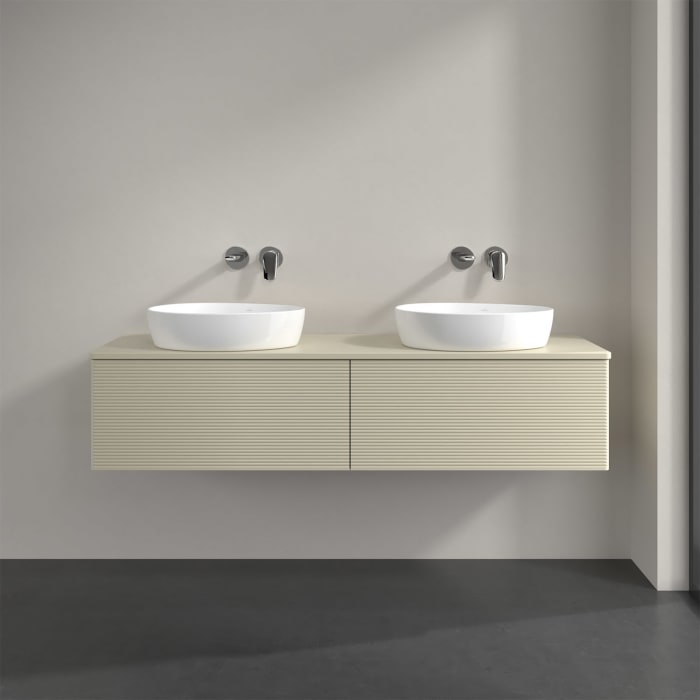 Villeroy & Boch Antao Waschbeckenunterschrank, 160 x 36 cm, 2 Auszüge mit LED-Licht, Front mit Struktur, mit Hahnloch, für Waschtisch links und rechts