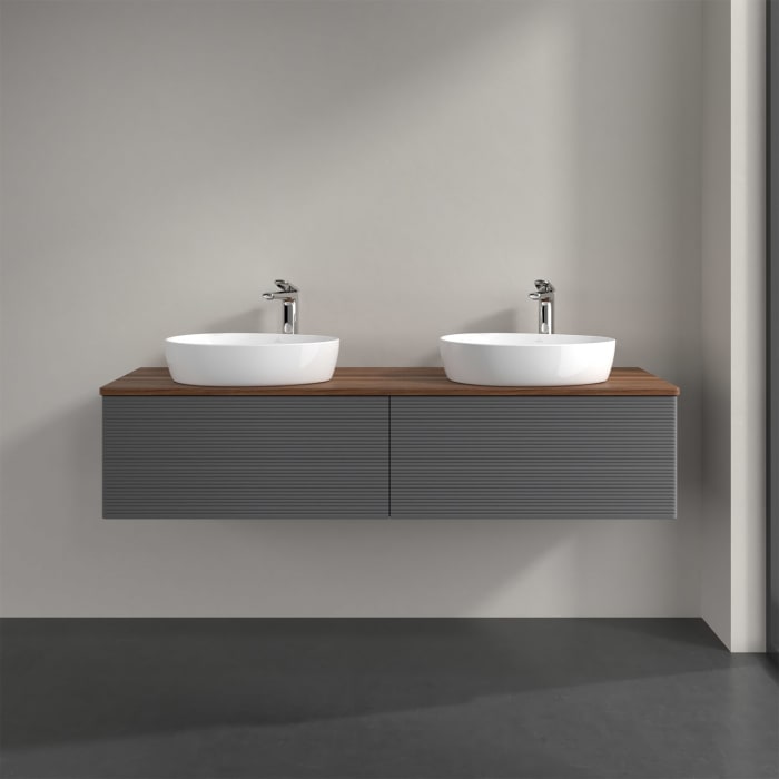 Villeroy & Boch Antao Waschbeckenunterschrank, 160 x 36 cm, 2 Auszüge mit LED-Licht, Front mit Struktur, mit Hahnloch, für Waschtisch links und rechts