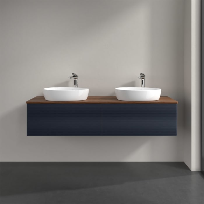 Villeroy & Boch Antao Waschbeckenunterschrank, 160 x 36 cm, 2 Auszüge mit LED-Licht, Front mit Struktur, mit Hahnloch, für Waschtisch links und rechts