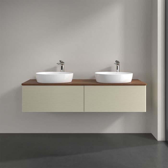 Villeroy & Boch Antao Waschbeckenunterschrank, 160 x 36 cm, 2 Auszüge mit LED-Licht, Front mit Struktur, mit Hahnloch, für Waschtisch links und rechts