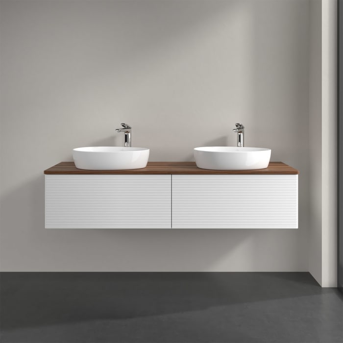 Villeroy & Boch Antao Waschbeckenunterschrank, 160 x 36 cm, 2 Auszüge mit LED-Licht, Front mit Struktur, mit Hahnloch, für Waschtisch links und rechts