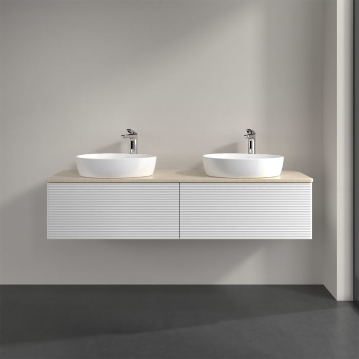 Villeroy & Boch Antao Waschbeckenunterschrank, 160 x 36 cm, 2 Auszüge mit LED-Licht, Front mit Struktur, mit Hahnloch, für Waschtisch links und rechts