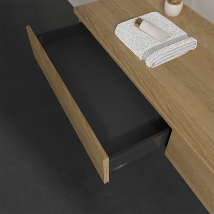 Villeroy & Boch Antao Waschbeckenunterschrank, 160 x 19 cm, 2 Auszüge, Front ohne Struktur, mit Hahnloch, für Waschtisch rechts