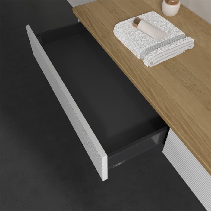 Villeroy & Boch Antao Waschbeckenunterschrank, 160 x 19 cm, 2 Auszüge, Front mit Struktur, mit Hahnloch, für Waschtisch rechts