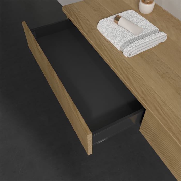 Villeroy & Boch Antao Waschbeckenunterschrank, 160 x 19 cm, 2 Auszüge, Front mit Struktur, mit Hahnloch, für Waschtisch rechts