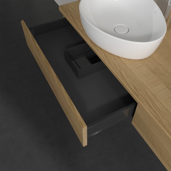 Villeroy & Boch Antao Waschbeckenunterschrank, 160 x 19 cm, 2 Auszüge, Front ohne Struktur, mit Hahnloch, für Waschtisch links und rechts