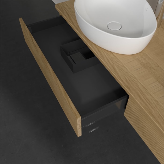 Villeroy & Boch Antao Waschbeckenunterschrank, 160 x 19 cm, 2 Auszüge, Front mit Struktur, mit Hahnloch, für Waschtisch links und rechts