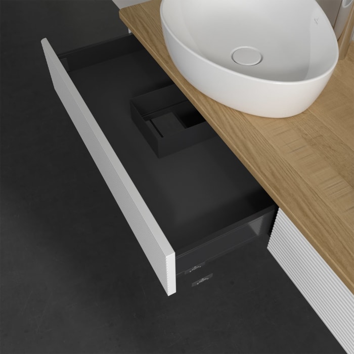 Villeroy & Boch Antao Waschbeckenunterschrank, 160 x 19 cm, 2 Auszüge, Front mit Struktur, mit Hahnloch, für Waschtisch links und rechts