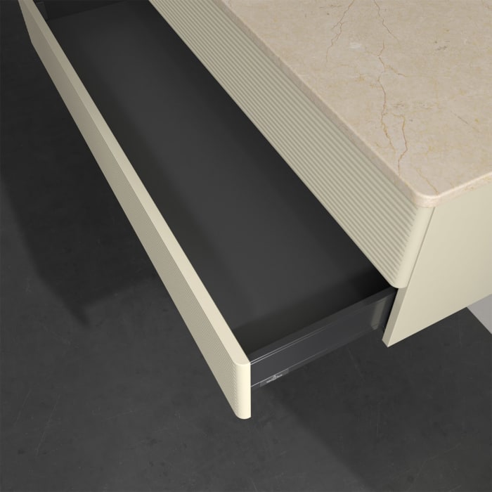 Villeroy & Boch Antao Waschbeckenunterschrank, 120 x 19 cm, 2 Auszüge, Fronten mit Struktur, mit Hahnloch, für Waschtisch links