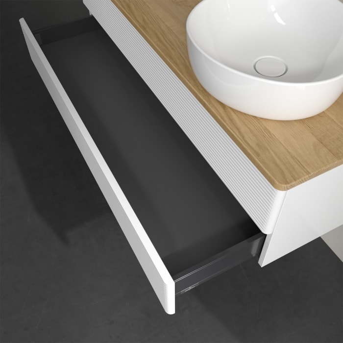 Villeroy & Boch Antao Waschbeckenunterschrank, 120 x 19 cm, 2 Auszüge, Fronten mit Struktur, ohne Hahnloch, für Waschtisch rechts