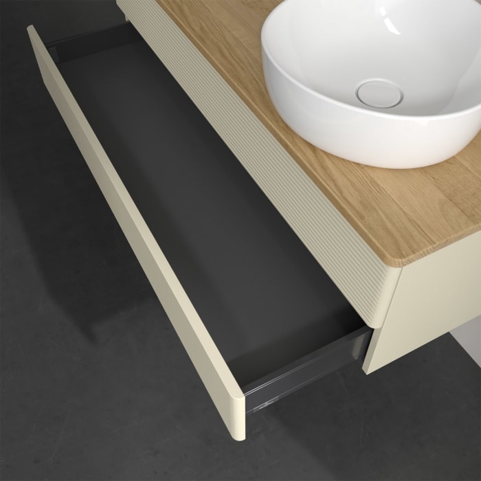 Villeroy & Boch Antao Waschbeckenunterschrank, 120 x 19 cm, 2 Auszüge, Fronten mit Struktur, mit Hahnloch, für Waschtisch rechts