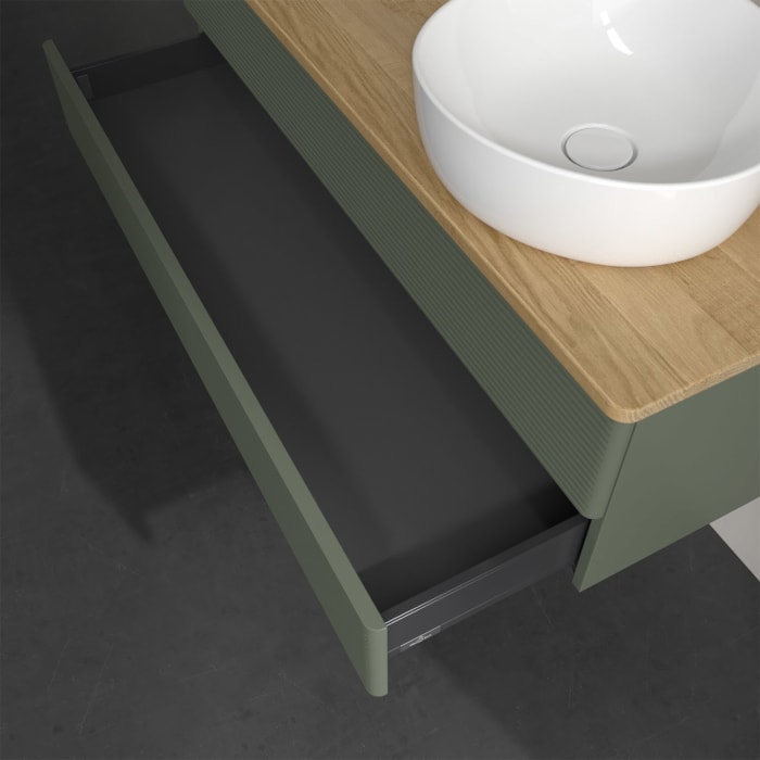 Villeroy & Boch Antao Waschbeckenunterschrank, 120 x 19 cm, 2 Auszüge, Fronten mit Struktur, mit Hahnloch, für Waschtisch rechts