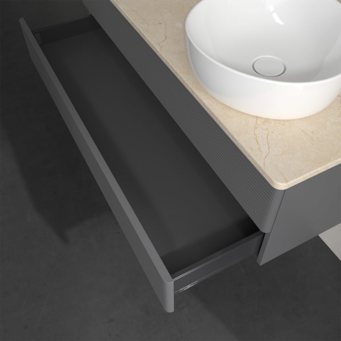 Villeroy & Boch Antao Waschbeckenunterschrank, 120 x 19 cm, 2 Auszüge, Fronten mit Struktur, mit Hahnloch, für Waschtisch rechts