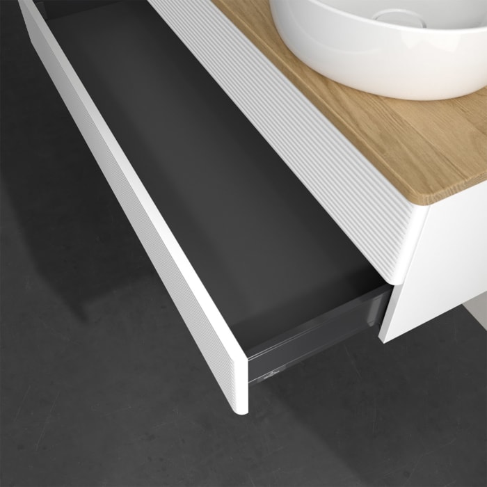 Villeroy & Boch Antao Waschbeckenunterschrank, 120 x 19 cm, 2 Auszüge, Fronten mit Struktur, ohne Hahnloch, für Waschtisch links und rechts