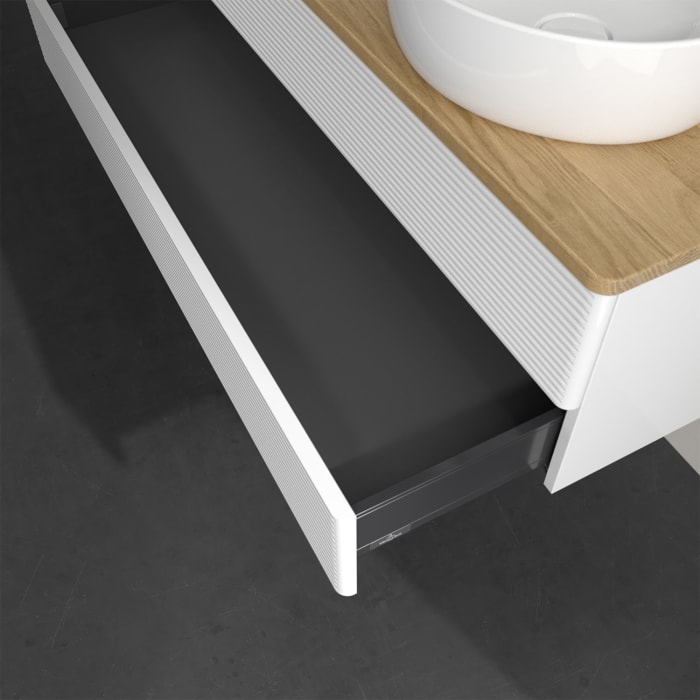 Villeroy & Boch Antao Waschbeckenunterschrank, 120 x 19 cm, 2 Auszüge, Fronten mit Struktur, mit Hahnloch, für Waschtisch links und rechts