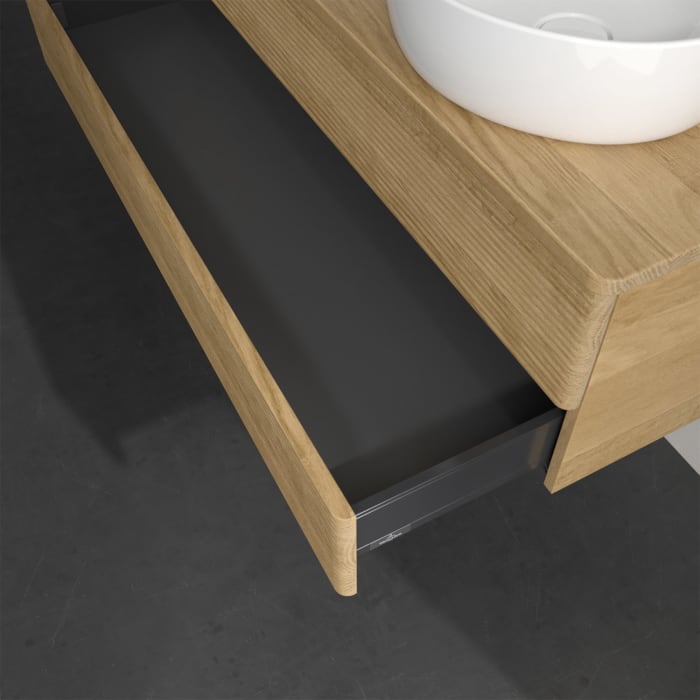 Villeroy & Boch Antao Waschbeckenunterschrank, 120 x 19 cm, 2 Auszüge, Fronten mit Struktur, mit Hahnloch, für Waschtisch links und rechts