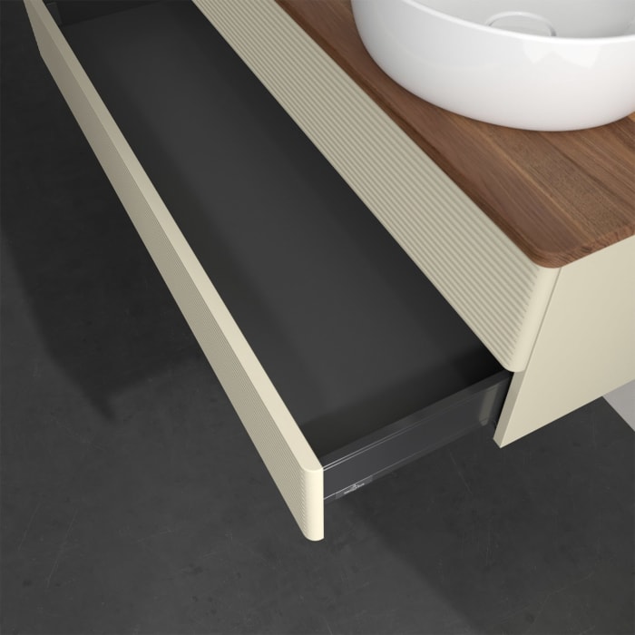 Villeroy & Boch Antao Waschbeckenunterschrank, 120 x 19 cm, 2 Auszüge, Fronten mit Struktur, mit Hahnloch, für Waschtisch links und rechts