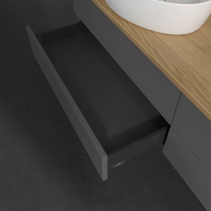 Villeroy & Boch Antao Waschbeckenunterschrank, 160 x 19 cm, 4 Auszüge, Fronten mit Struktur, ohne Hahnloch, für Waschtisch links