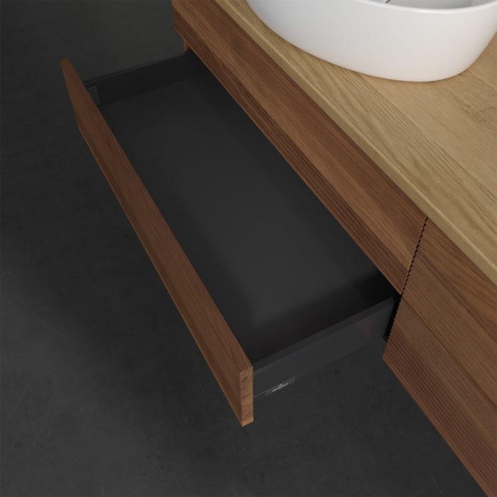 Villeroy & Boch Antao Waschbeckenunterschrank, 160 x 19 cm, 4 Auszüge, Fronten mit Struktur, mit Hahnloch, für Waschtisch links