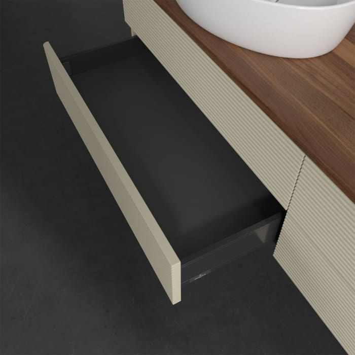 Villeroy & Boch Antao Waschbeckenunterschrank, 160 x 19 cm, 4 Auszüge, Fronten mit Struktur, mit Hahnloch, für Waschtisch links