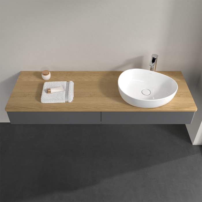 Villeroy & Boch Antao Waschbeckenunterschrank, 160 x 19 cm, 2 Auszüge, Front ohne Struktur, mit Hahnloch, für Waschtisch rechts