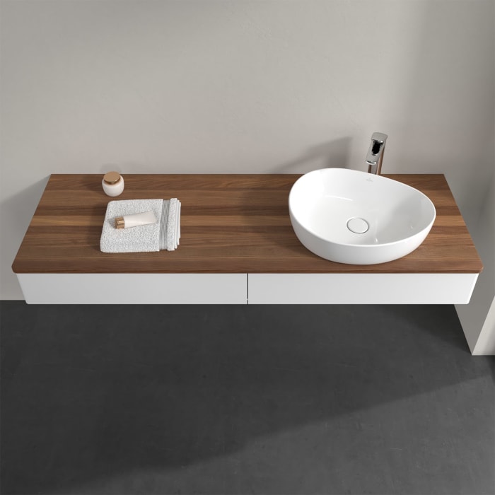 Villeroy & Boch Antao Waschbeckenunterschrank, 160 x 19 cm, 2 Auszüge, Front ohne Struktur, mit Hahnloch, für Waschtisch rechts