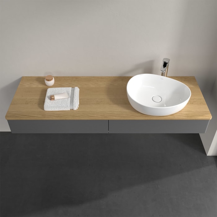 Villeroy & Boch Antao Waschbeckenunterschrank, 160 x 19 cm, 2 Auszüge, Front mit Struktur, mit Hahnloch, für Waschtisch rechts