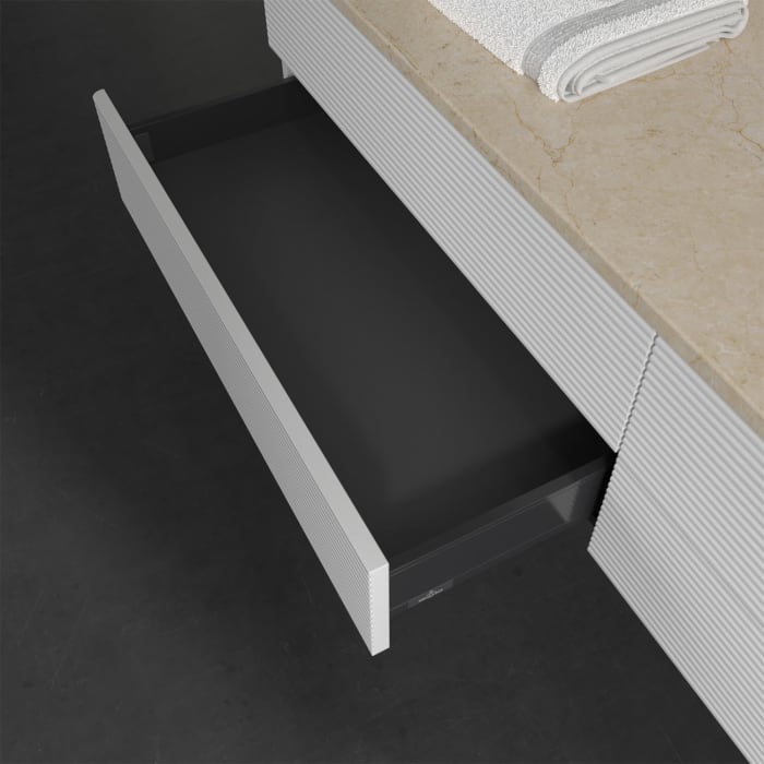 Villeroy & Boch Antao Waschbeckenunterschrank, 160 x 19 cm, 4 Auszüge, Fronten mit Struktur, mit Hahnloch, für Waschtisch rechts