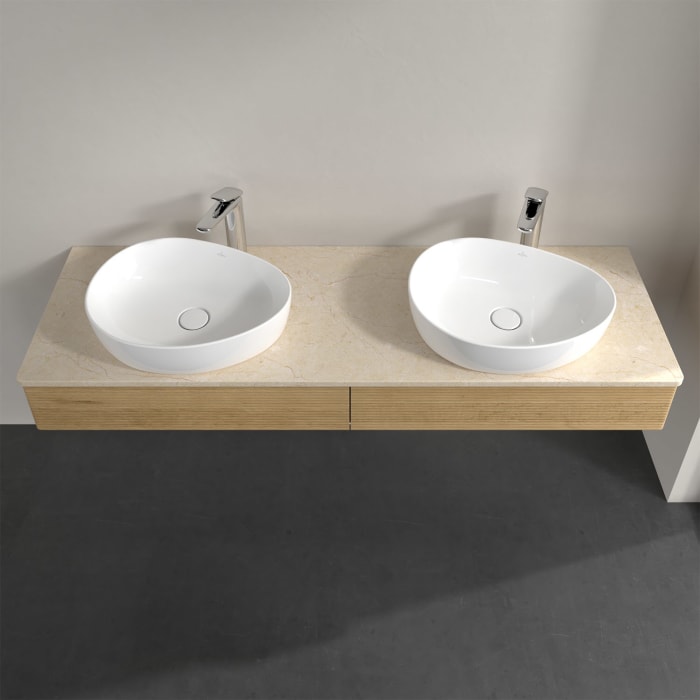 Villeroy & Boch Antao Waschbeckenunterschrank, 160 x 19 cm, 2 Auszüge, Front mit Struktur, mit Hahnloch, für Waschtisch links und rechts