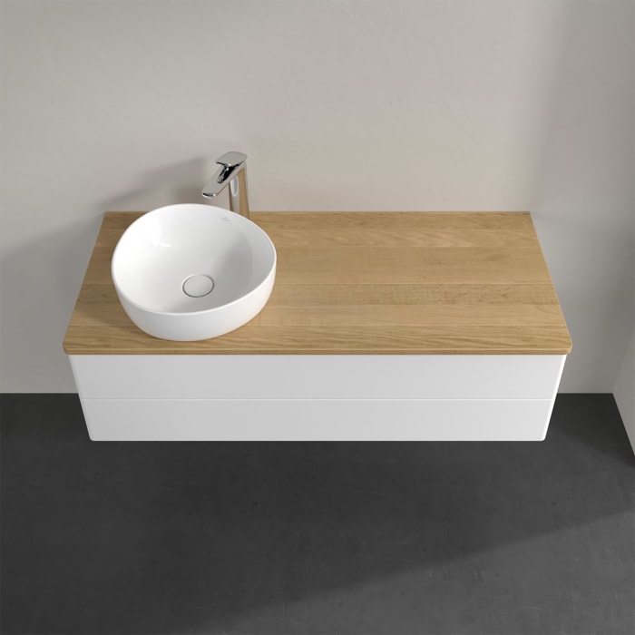 Villeroy & Boch Antao Waschbeckenunterschrank, 120 x 19 cm, 2 Auszüge, Fronten ohne Struktur, mit Hahnloch, für Waschtisch links