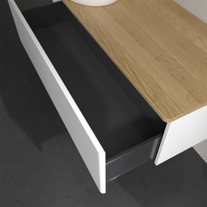 Villeroy & Boch Antao Waschbeckenunterschrank, 120 x 36 cm, 1 Auszug, Front ohne Struktur, mit Hahnloch, für Waschtisch links