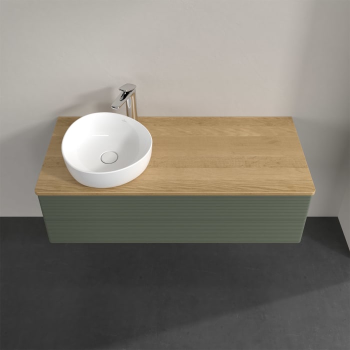 Villeroy & Boch Antao Waschbeckenunterschrank, 120 x 19 cm, 2 Auszüge, Fronten mit Struktur, mit Hahnloch, für Waschtisch links