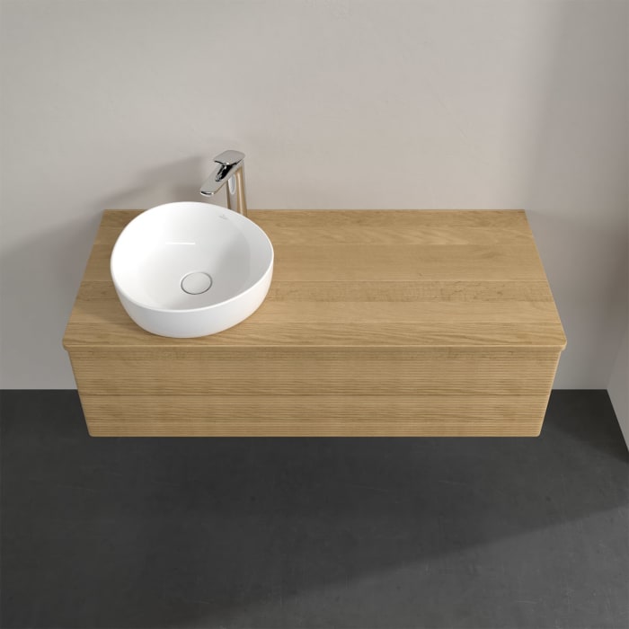 Villeroy & Boch Antao Waschbeckenunterschrank, 120 x 19 cm, 2 Auszüge, Fronten mit Struktur, mit Hahnloch, für Waschtisch links