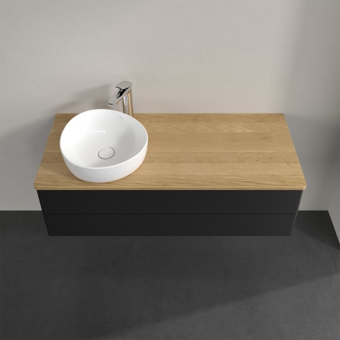 Villeroy & Boch Antao Waschbeckenunterschrank, 120 x 19 cm, 2 Auszüge, Fronten mit Struktur, mit Hahnloch, für Waschtisch links