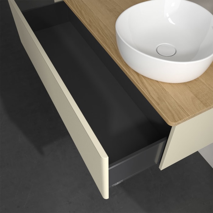 Villeroy & Boch Antao Waschbeckenunterschrank, 120 x 36 cm, 1 Auszug, Front mit Struktur, mit Hahnloch, für Waschtisch rechts