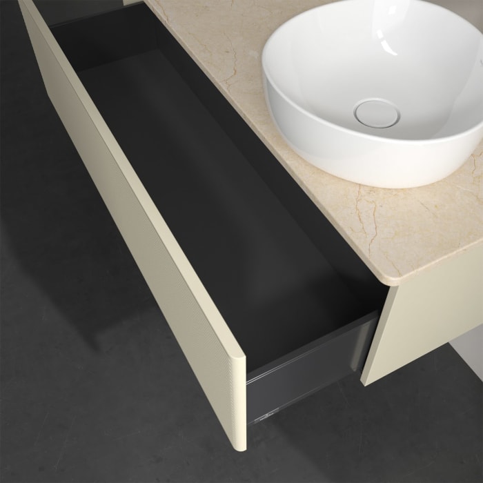 Villeroy & Boch Antao Waschbeckenunterschrank, 120 x 36 cm, 1 Auszug, Front mit Struktur, mit Hahnloch, für Waschtisch rechts