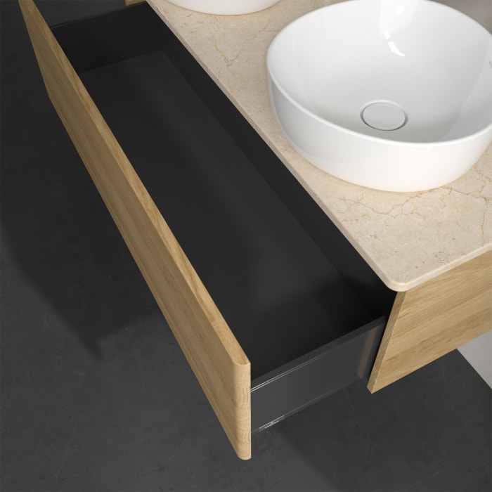 Villeroy & Boch Antao Waschbeckenunterschrank, 120 x 36 cm, 1 Auszug, Front ohne Struktur, mit Hahnloch, für Waschtisch links und rechts