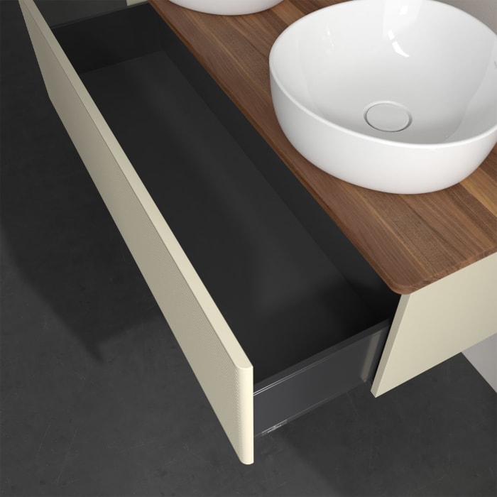 Villeroy & Boch Antao Waschbeckenunterschrank, 120 x 36 cm, 1 Auszug, Front mit Struktur, ohne Hahnloch, für Waschtisch links und rechts