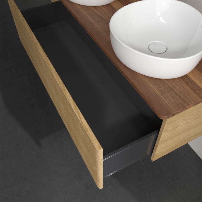 Villeroy & Boch Antao Waschbeckenunterschrank, 120 x 36 cm, 1 Auszug, Front mit Struktur, ohne Hahnloch, für Waschtisch links und rechts