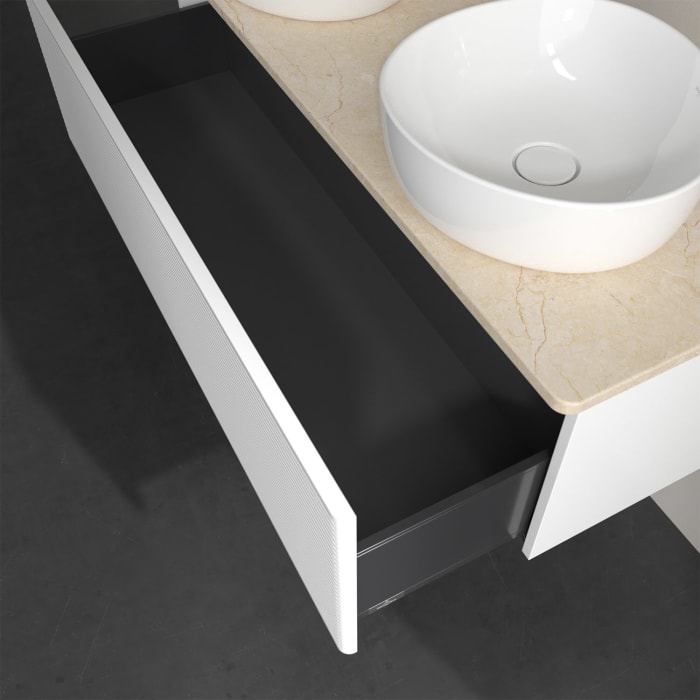 Villeroy & Boch Antao Waschbeckenunterschrank, 120 x 36 cm, 1 Auszug, Front mit Struktur, ohne Hahnloch, für Waschtisch links und rechts