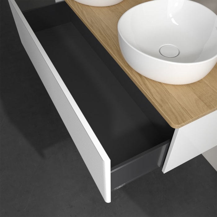 Villeroy & Boch Antao Waschbeckenunterschrank, 120 x 36 cm, 1 Auszug, Front mit Struktur, mit Hahnloch, für Waschtisch links und rechts