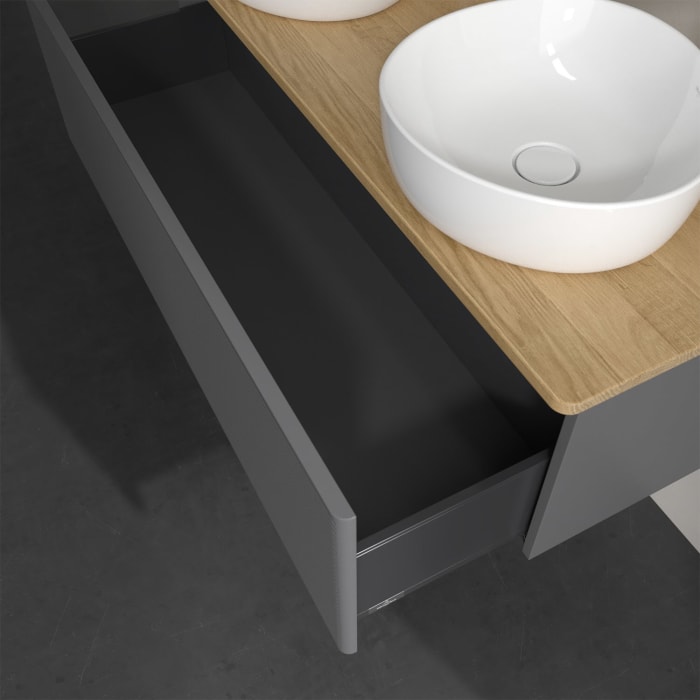 Villeroy & Boch Antao Waschbeckenunterschrank, 120 x 36 cm, 1 Auszug, Front mit Struktur, mit Hahnloch, für Waschtisch links und rechts